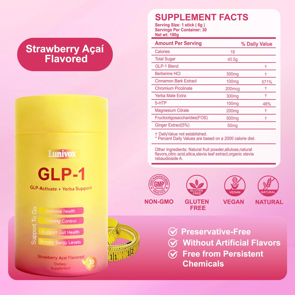 Lunivox GLP-1 Drink Mix being stirred into a glass of water to create a healthy beverage