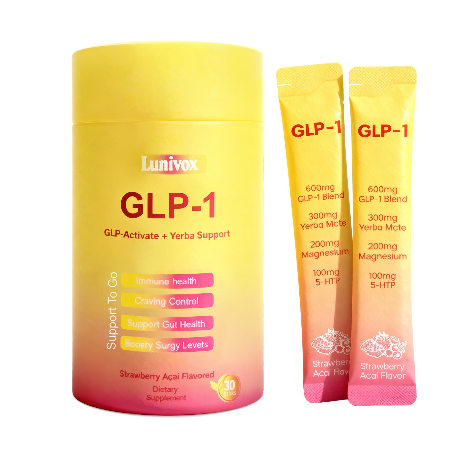 Lunivox GLP-1 Drink Mix strawberry acai stick dissolving in water for daily use