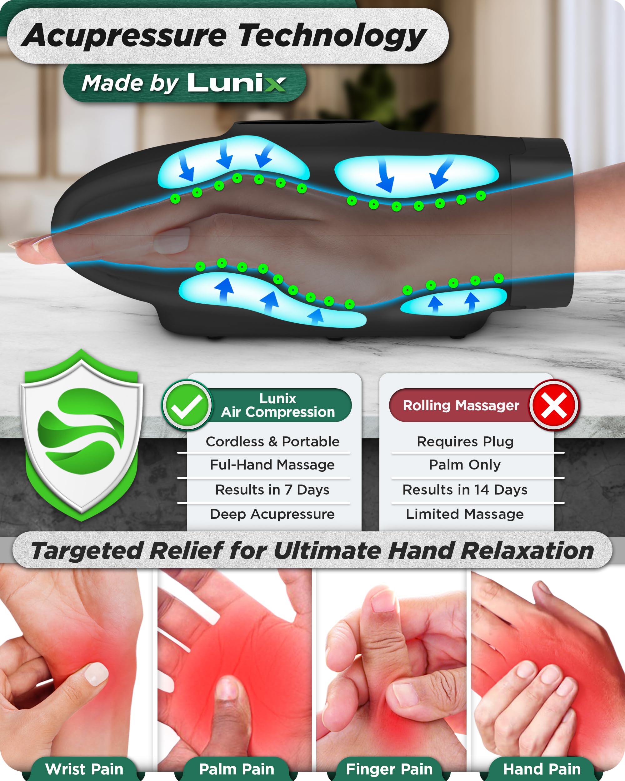 Lunix LX3 air compression focus shown for soothing hand relief after typing
