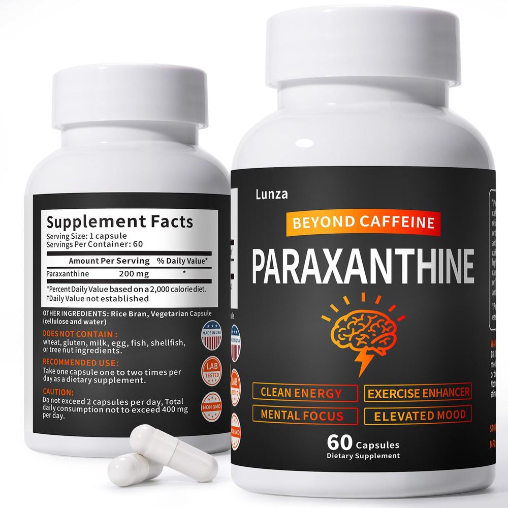 Lunza Paraxanthine bottle front for crisp focus and daytime energy.