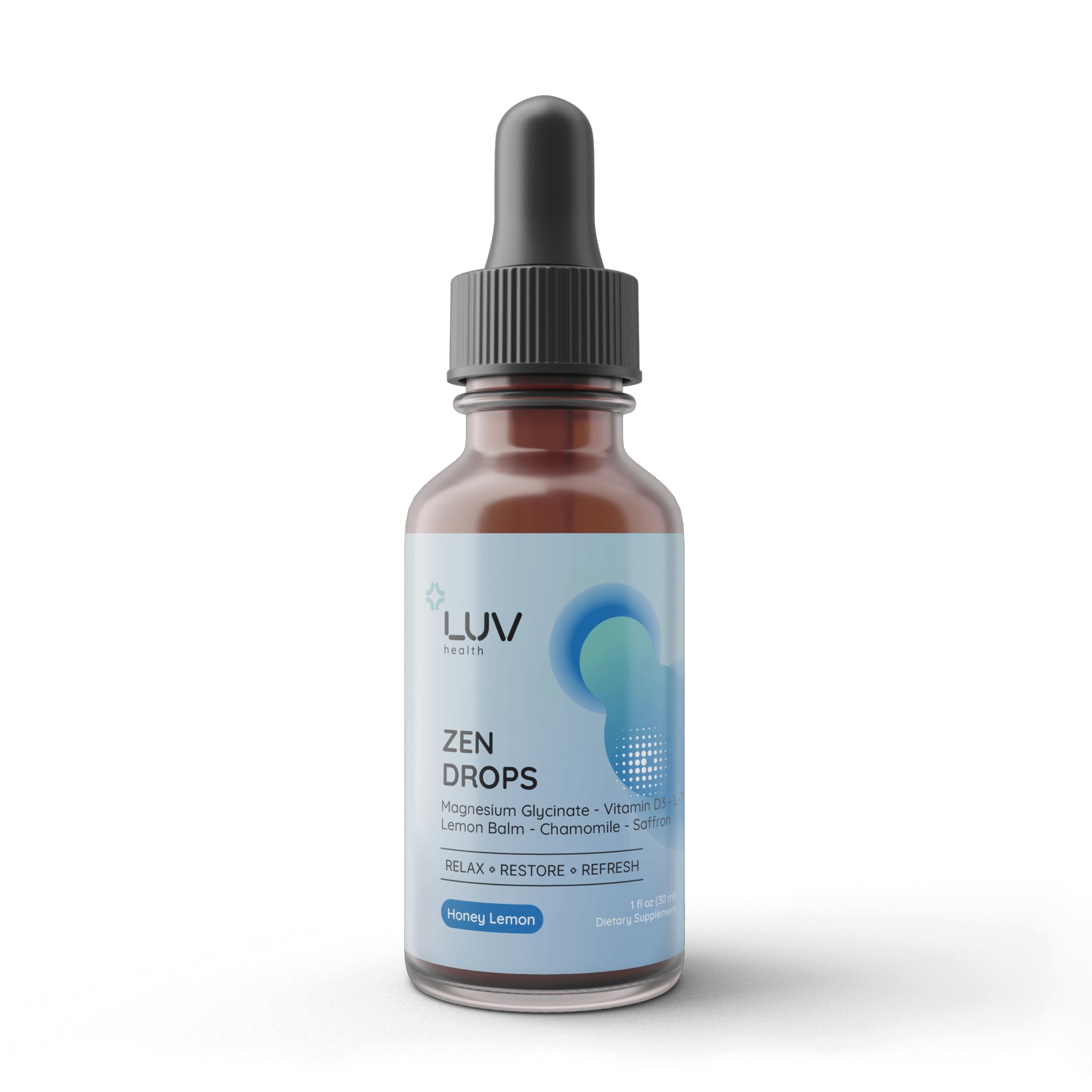 LUV Health Zen Drops bottle on a clean counter, inviting calm.