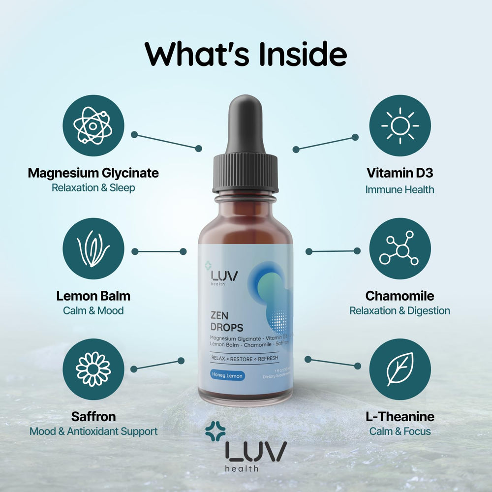 Gentle pour of LUV Health Zen Drops showing quick absorption.