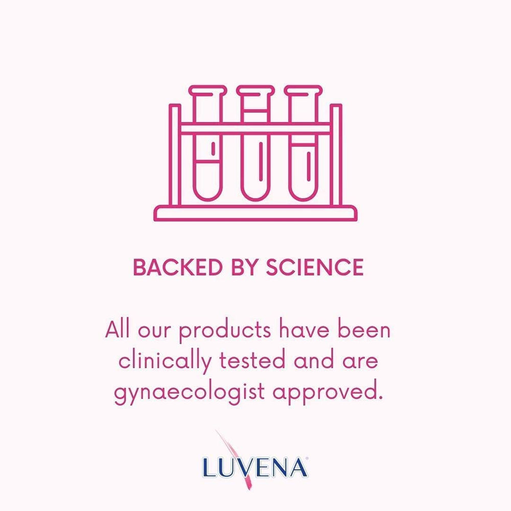 Intimate wellness concept with Luvena bottle appears as a daily routine.