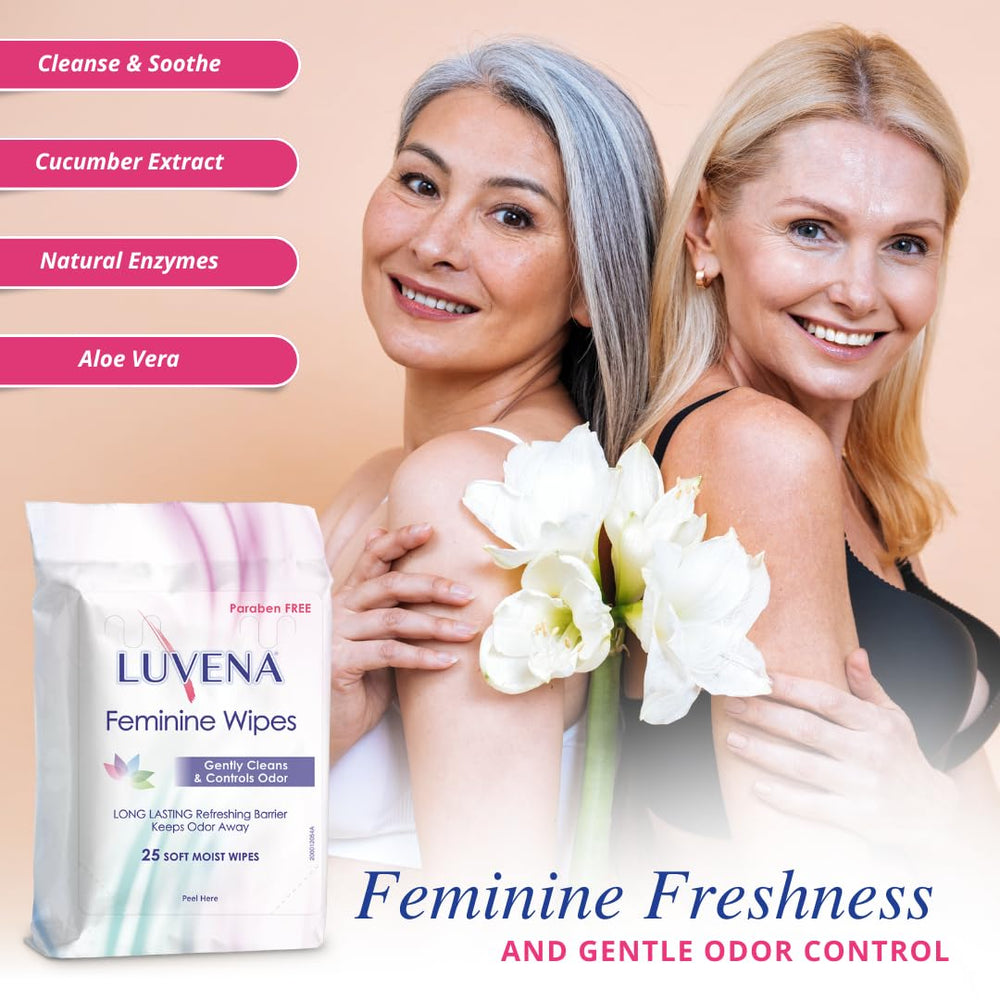 Luvena wipes front-to-back use for gentle cleansing.