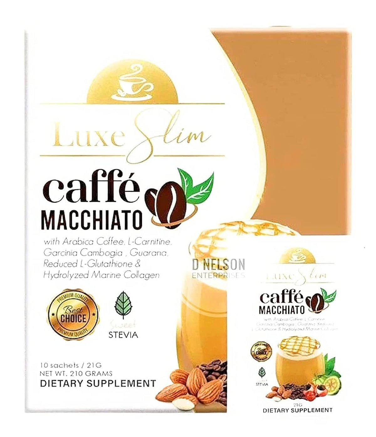 Luxe Slim Caffe Macchiato packaging highlights premium ingredients and Keto-friendly formula.