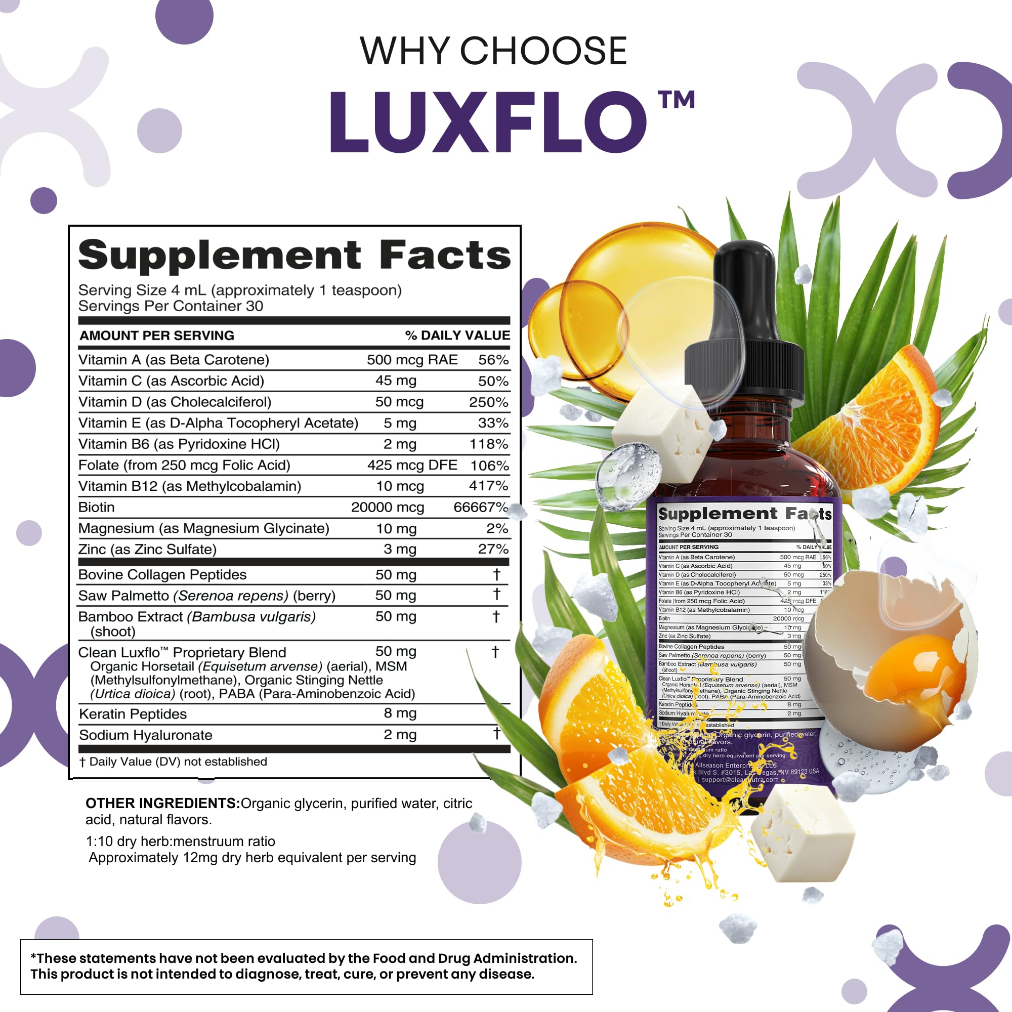 LuxFlo liquid drops held in a glass to emphasize smooth texture and absorption