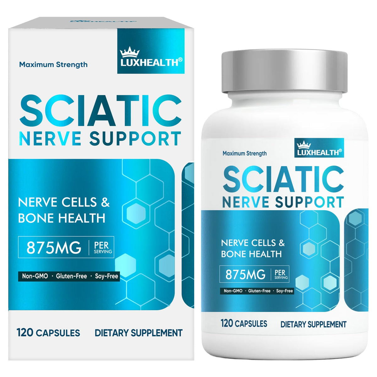 LuxHealth Sciatic Nerve Supplement bottle ready for daily use and ongoing comfort
