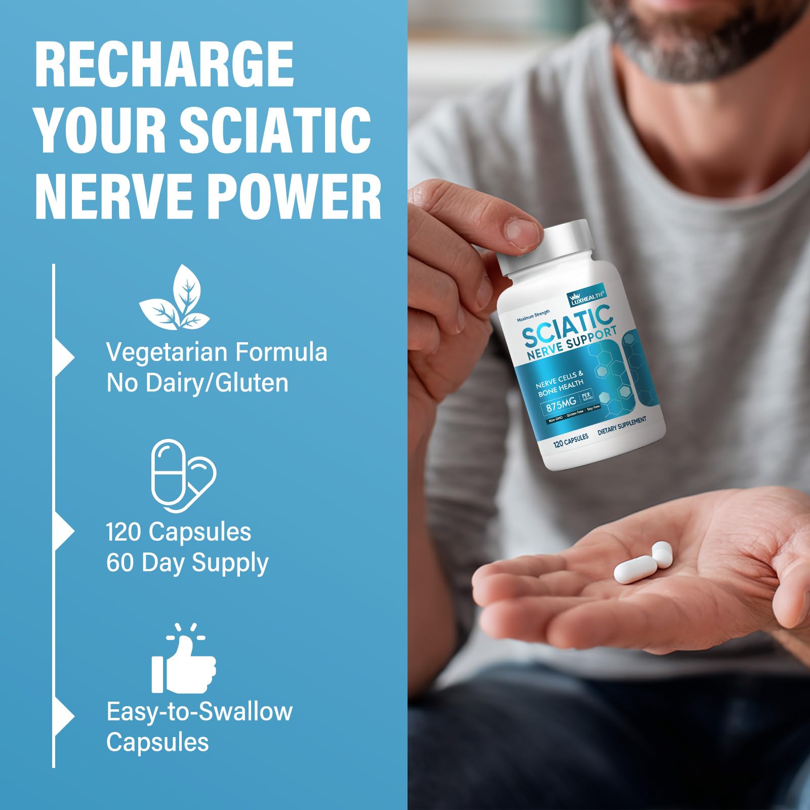 LuxHealth Sciatic Nerve Supplement capsules in hand ready with meals