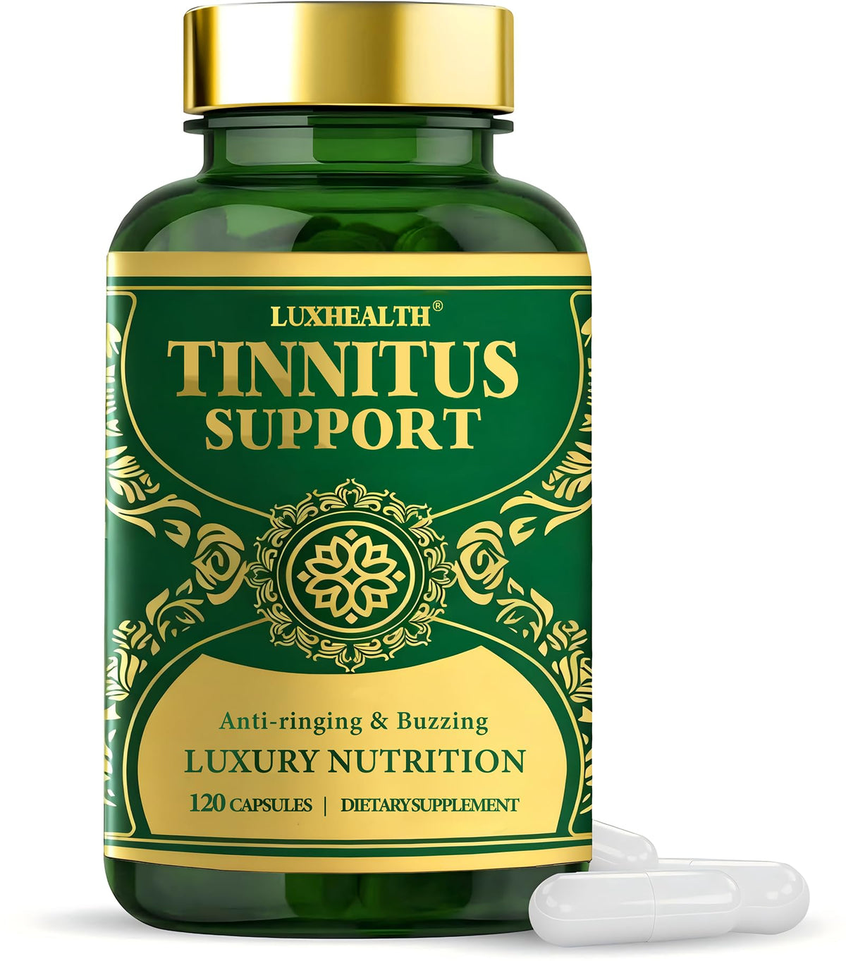 LuxHealth Tinnitus Relief bottle front promoting ear health support.