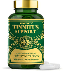 LuxHealth Tinnitus Relief bottle front promoting ear health support.