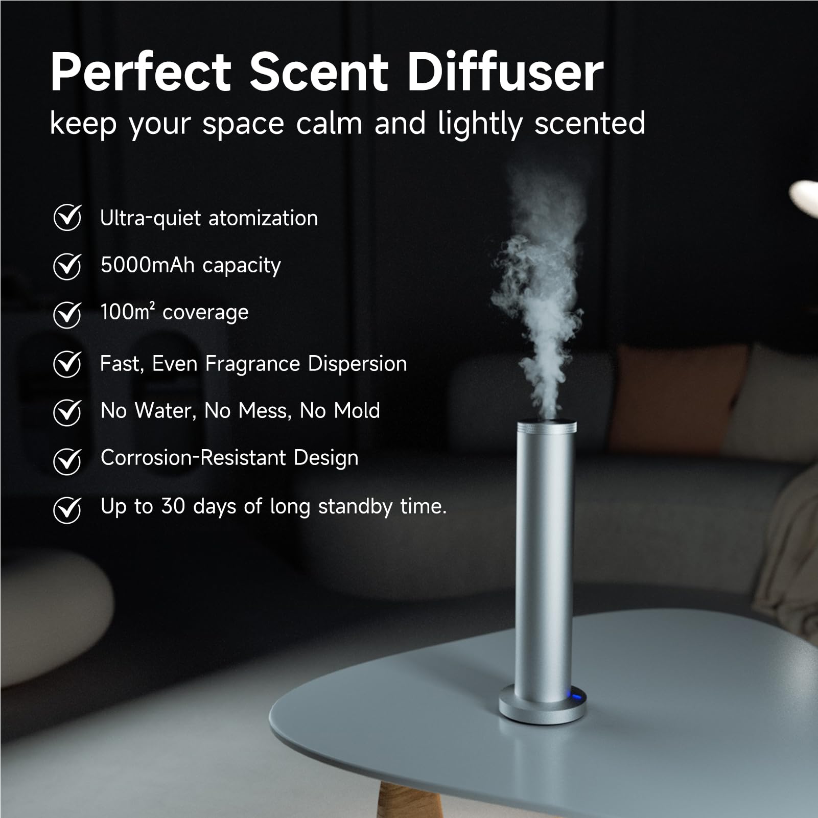 LuxHydvat Wireless Diffuser mist outlet visible, enabling customizable room aroma.
