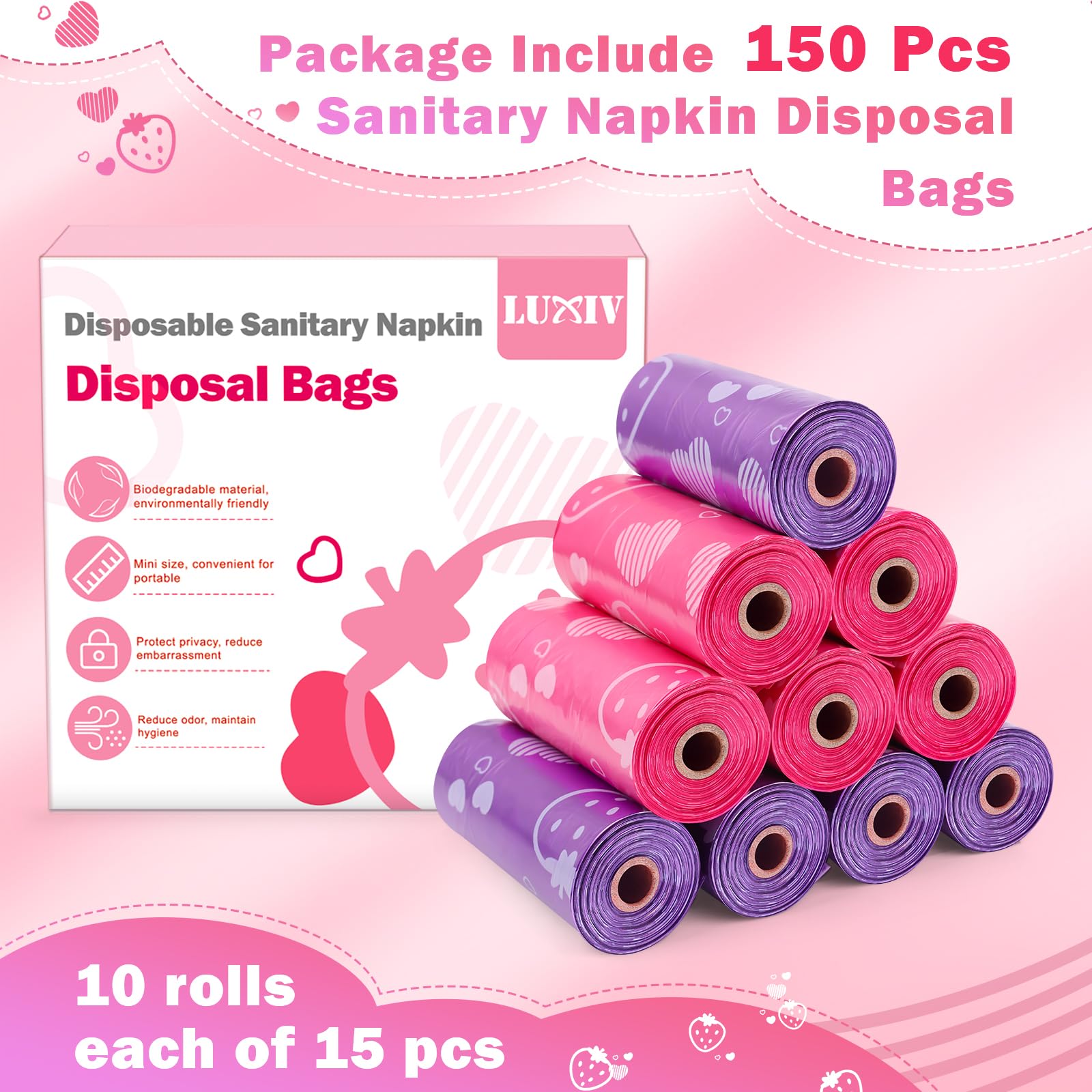 Luxiv pink bags ready for travel during multiple menstrual periods.