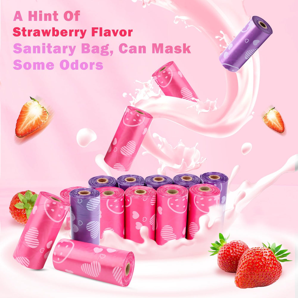 Luxiv pink sanitary bags with strawberry prints keeping room clean.