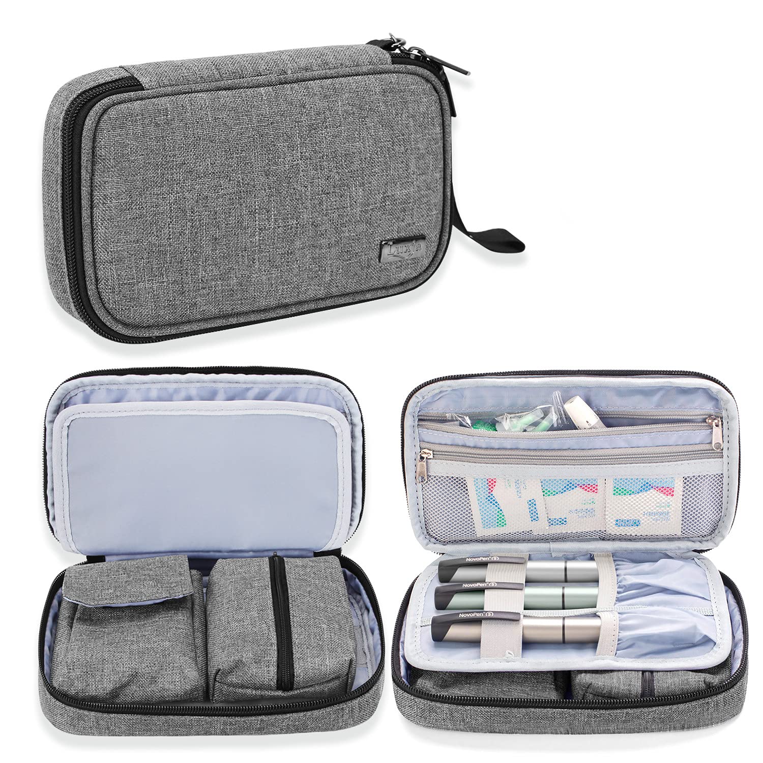 LUXJA bolsa diabeticos glucometro, exterior gris, ideal para viaje y transporte seguro.