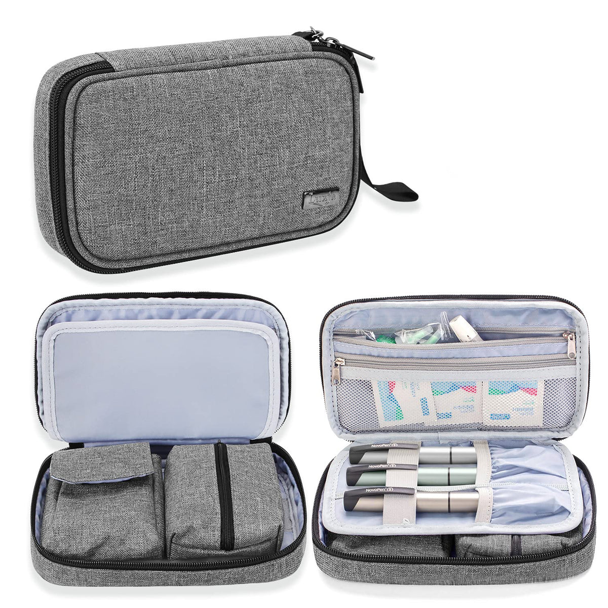 LUXJA bolsa diabeticos glucometro, exterior gris, ideal para viaje y transporte seguro.
