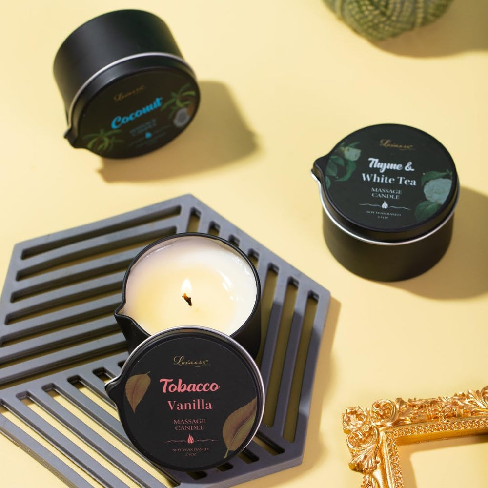 LUXMASA massage oil candle promotes soft, hydrated skin after use