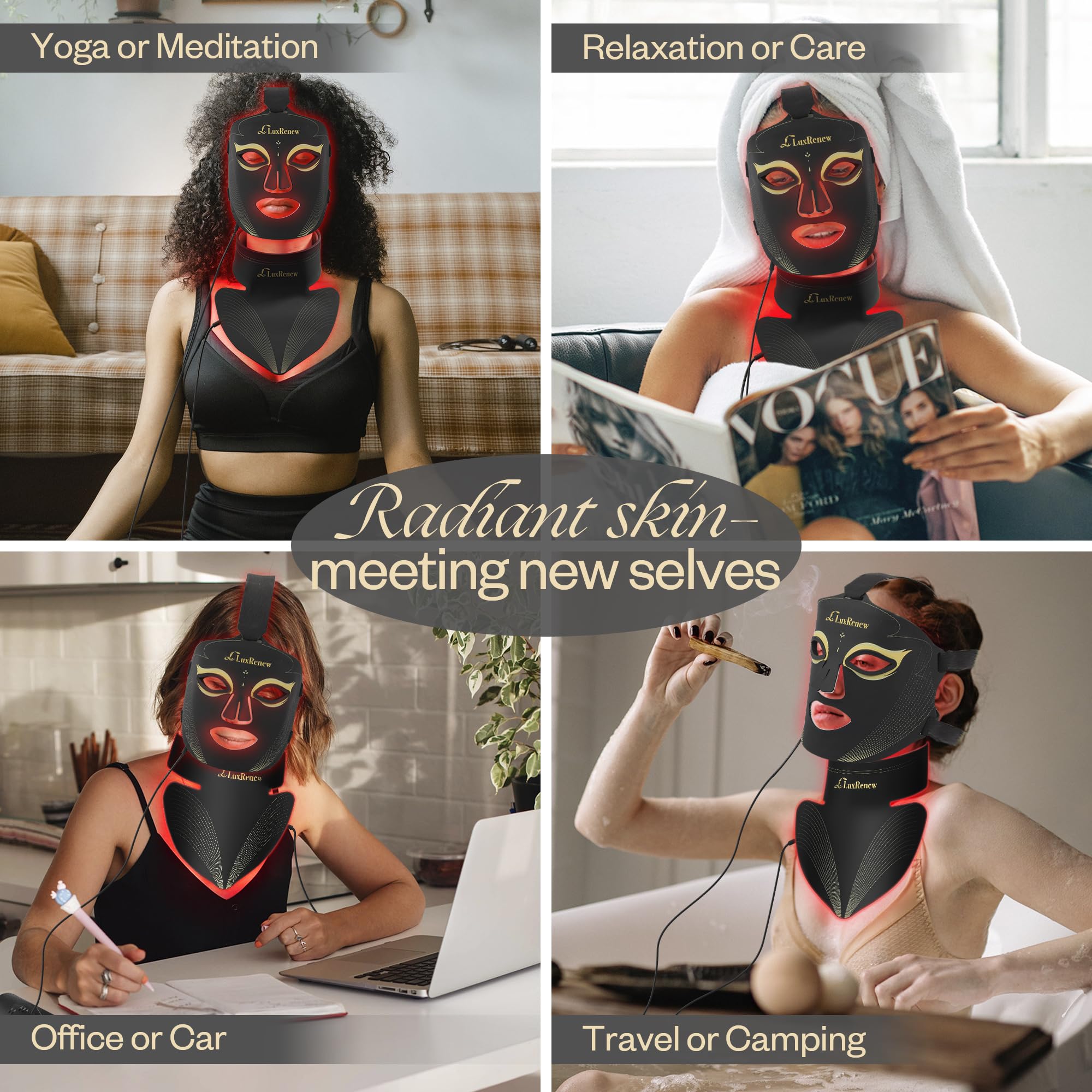 LuxRenew BS packaging contents show a complete LED mask kit