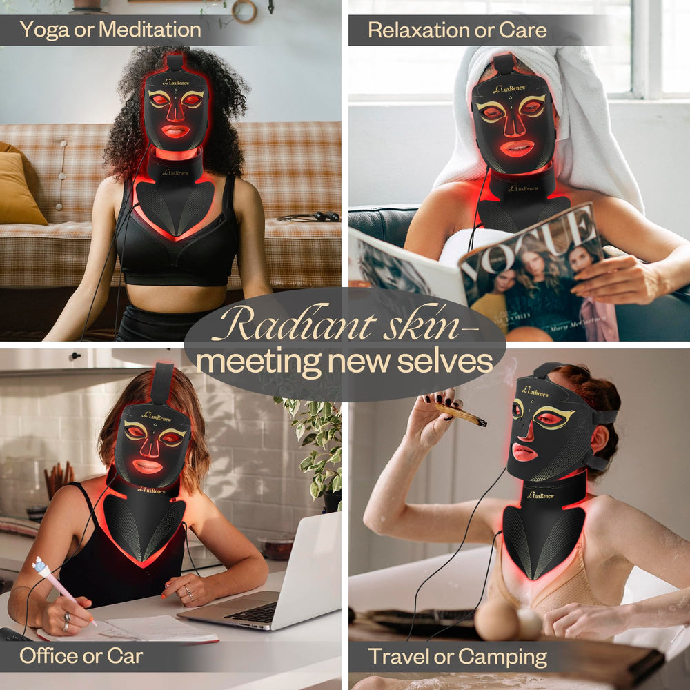 LuxRenew BS packaging contents show a complete LED mask kit