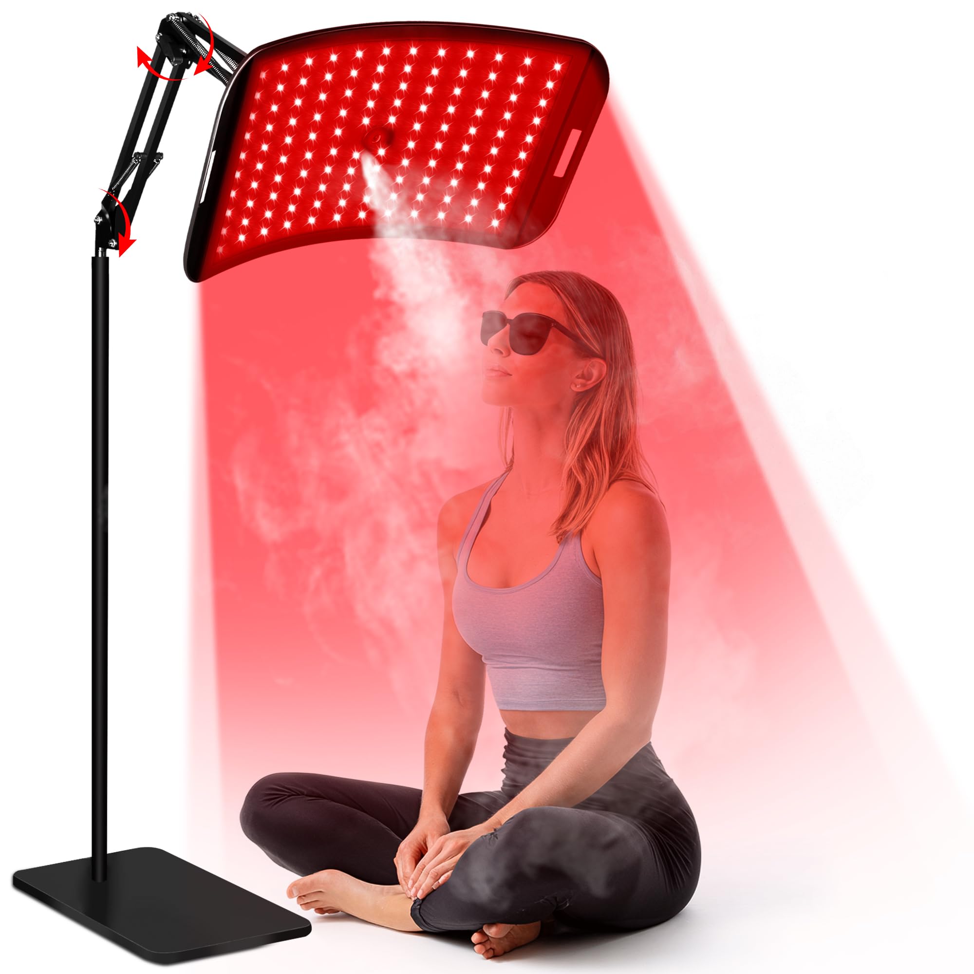 LuxReyan red light therapy panel on adjustable stand for facial and body care.
