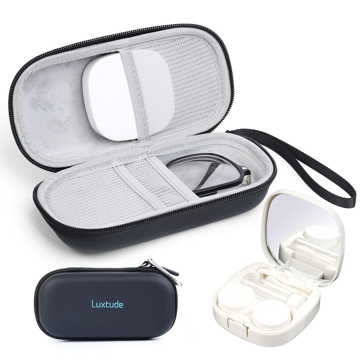 Luxtude 2in1 glasses and contact case with mirror for on-the-go checks.