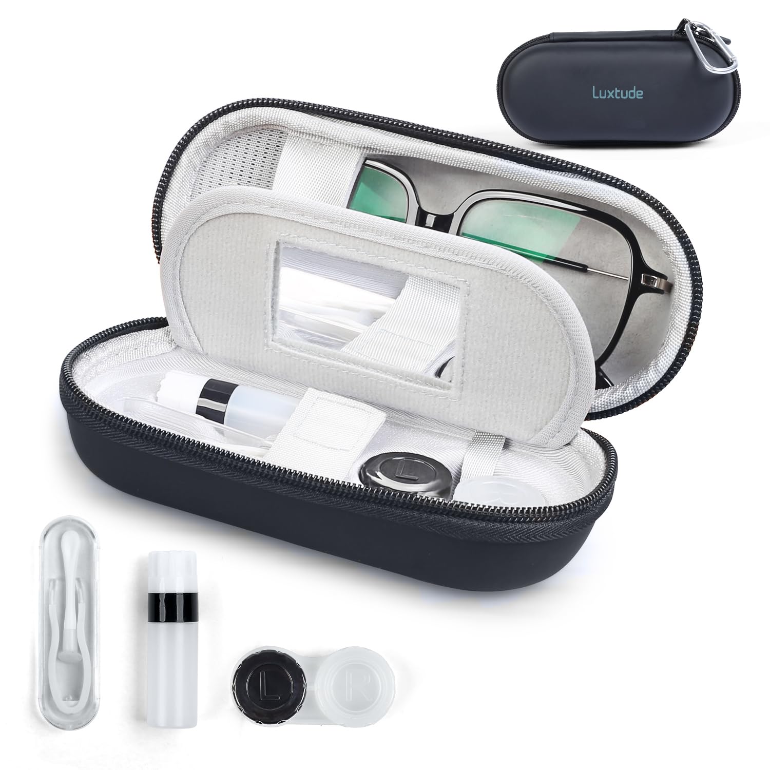 Luxtude built-in mirror in the contact lens case for quick checks on the go