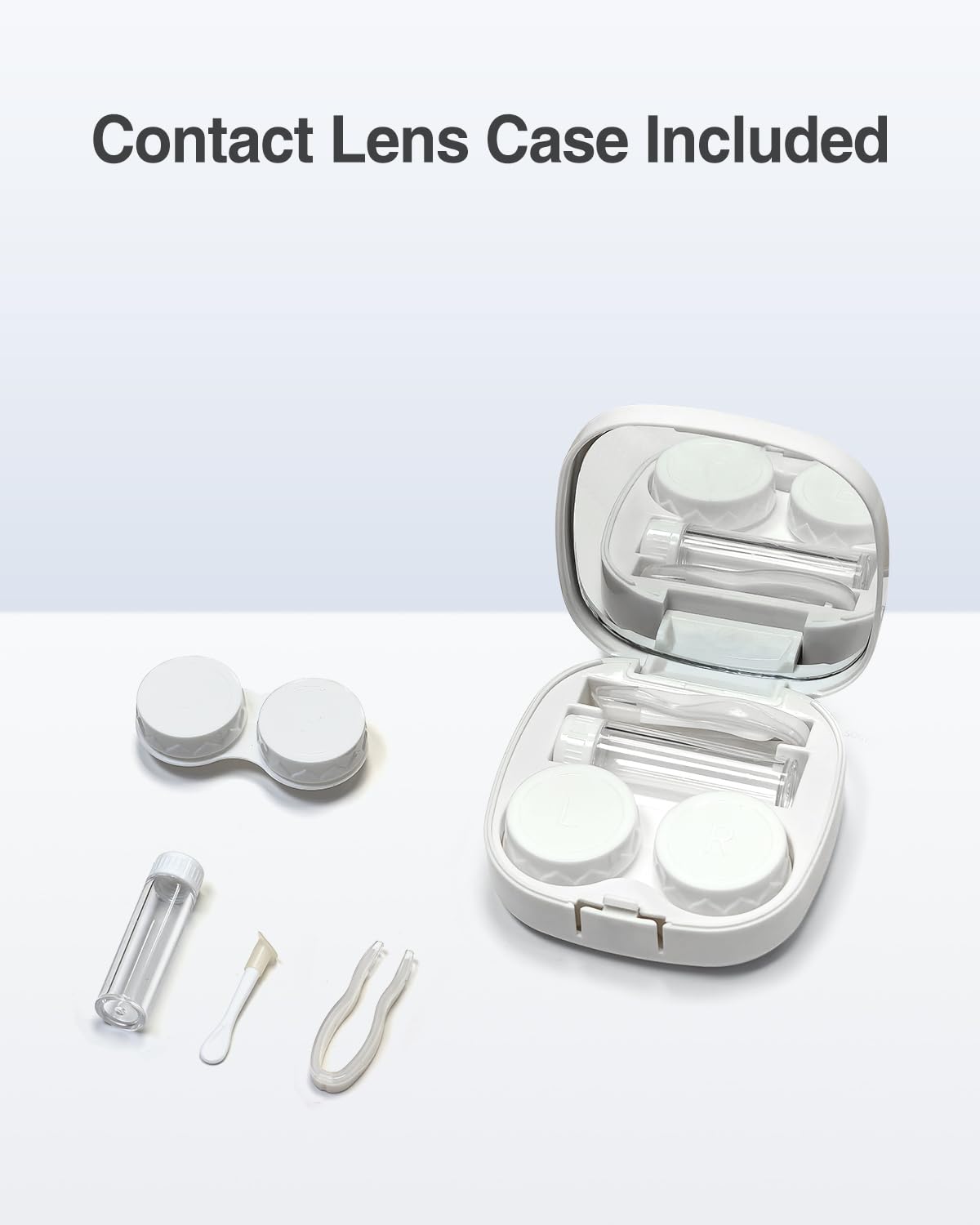 Luxtude contact lens kit contents include bottle, tweezers, and wipe cloth.