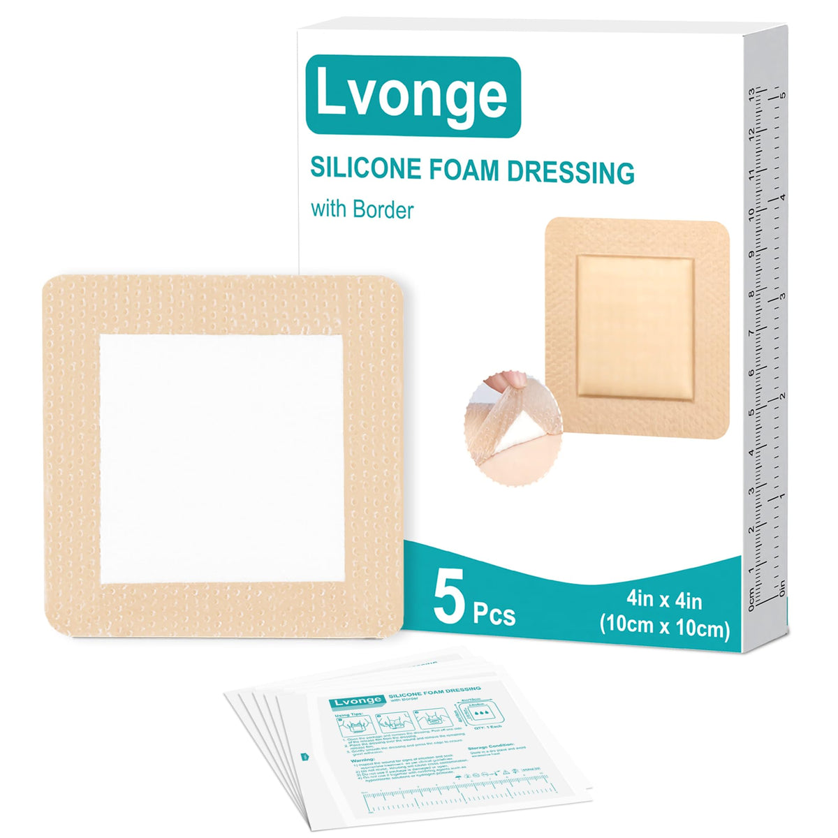 Lvonge silicone foam dressing with border 4x4 — compact pack ready for easy application.