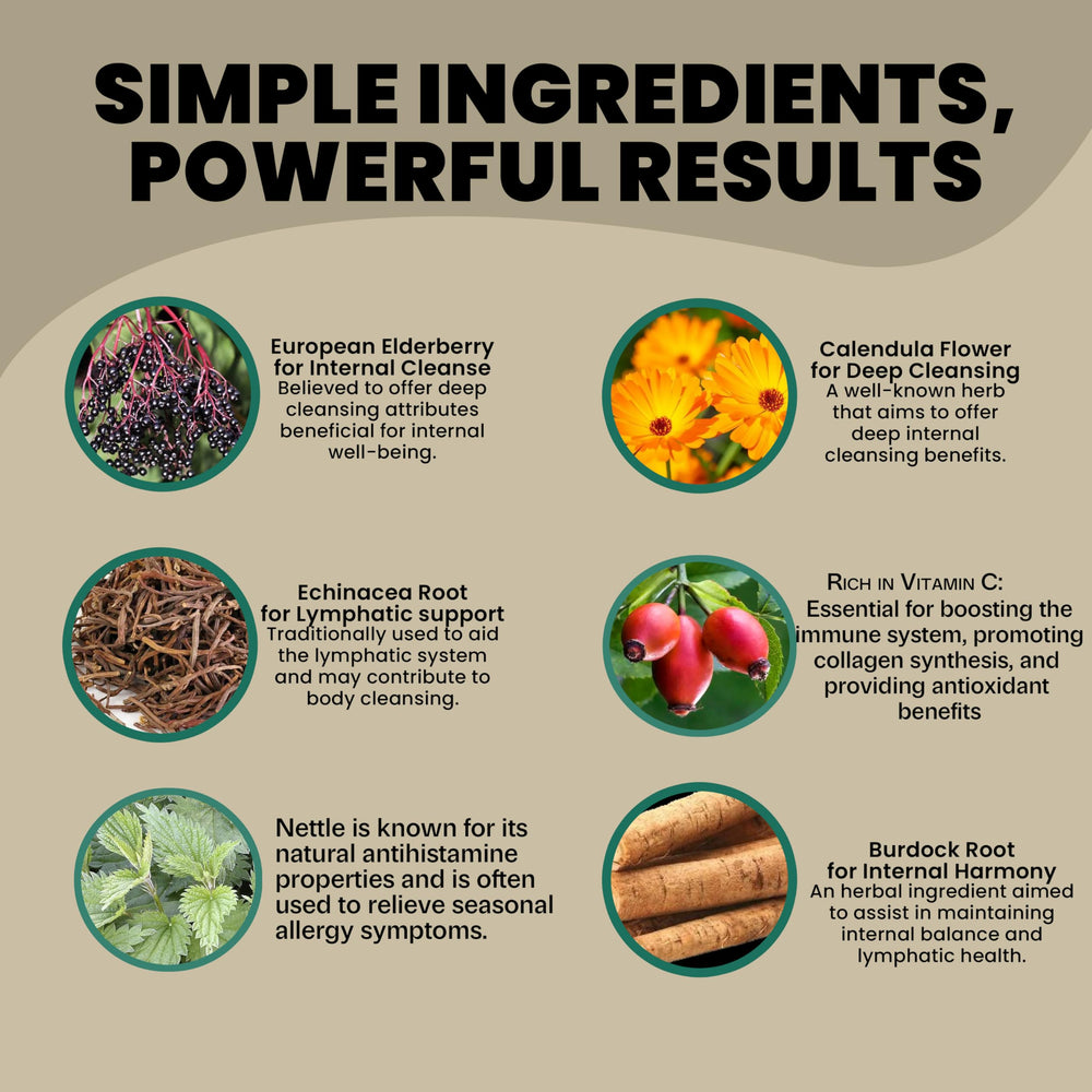 Herbal blend panel shows rose hip and blue vervain components.