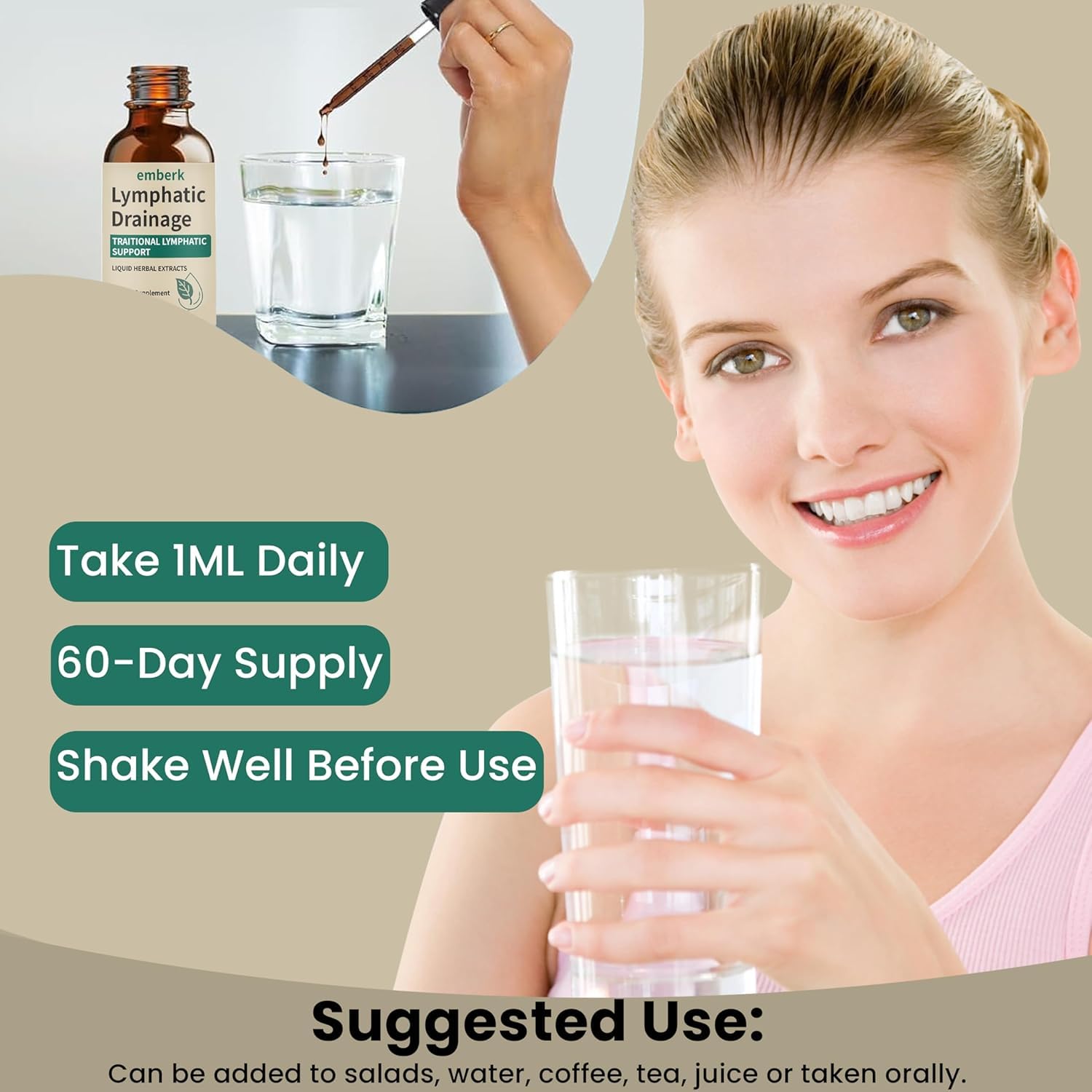 Morning routine with Lymphatic Drainage Drops on a shelf.