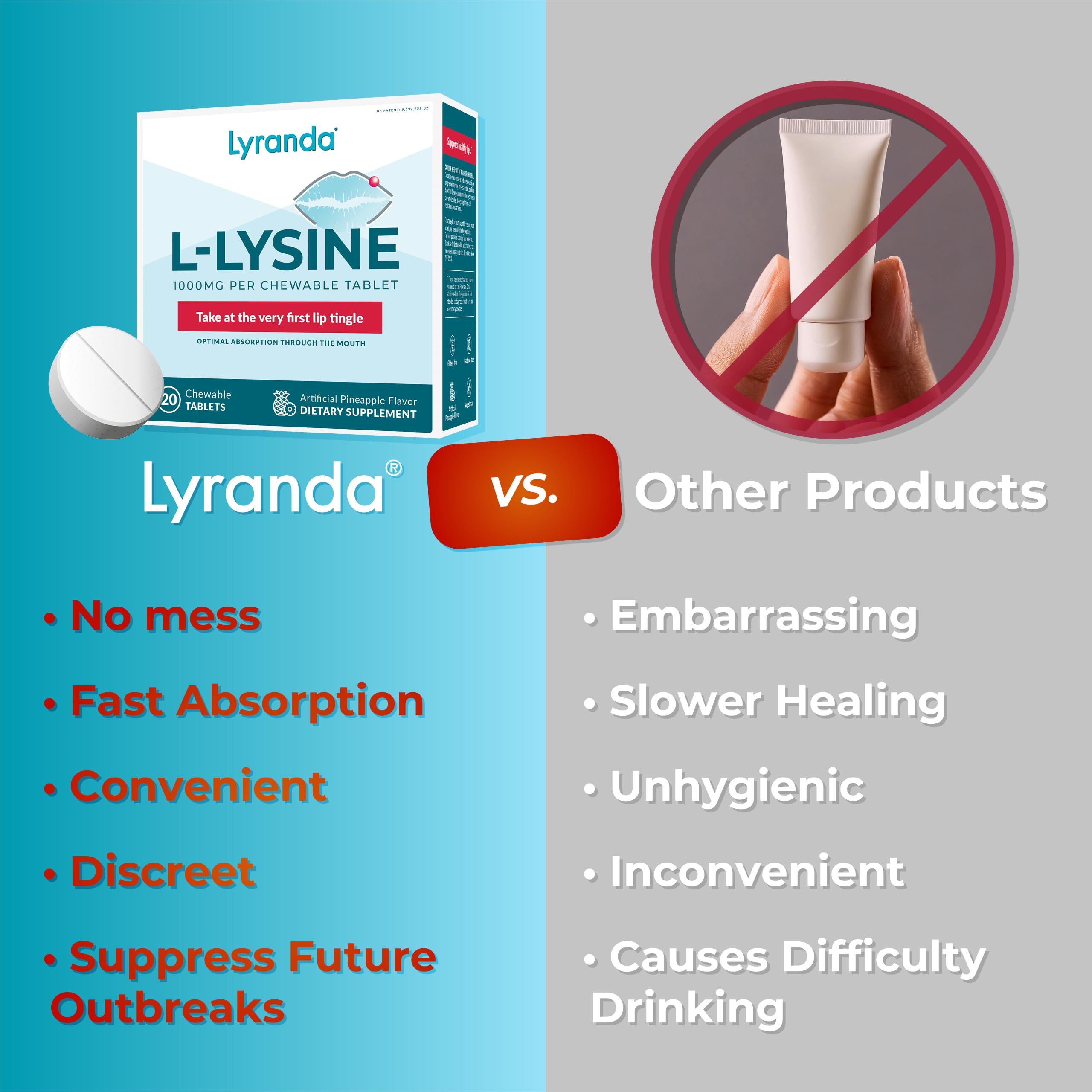 Lyranda Lysine chewable tablets in hand for discreet daily use