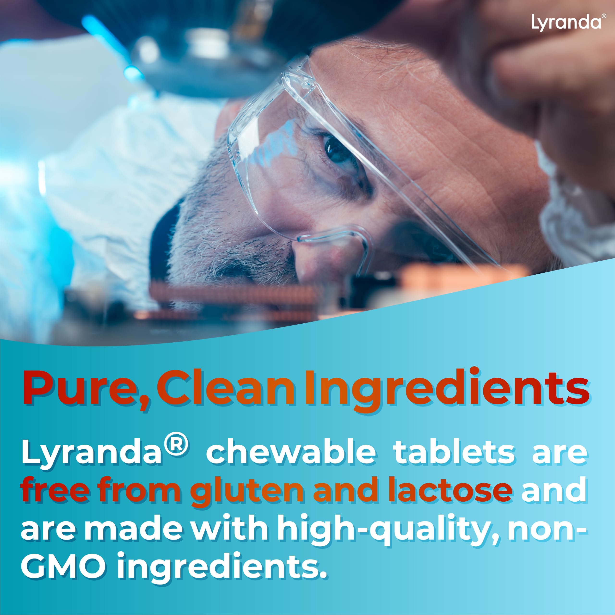 Lyranda Lysine chewable tablets label highlighting gluten- and lactose-free ingredients