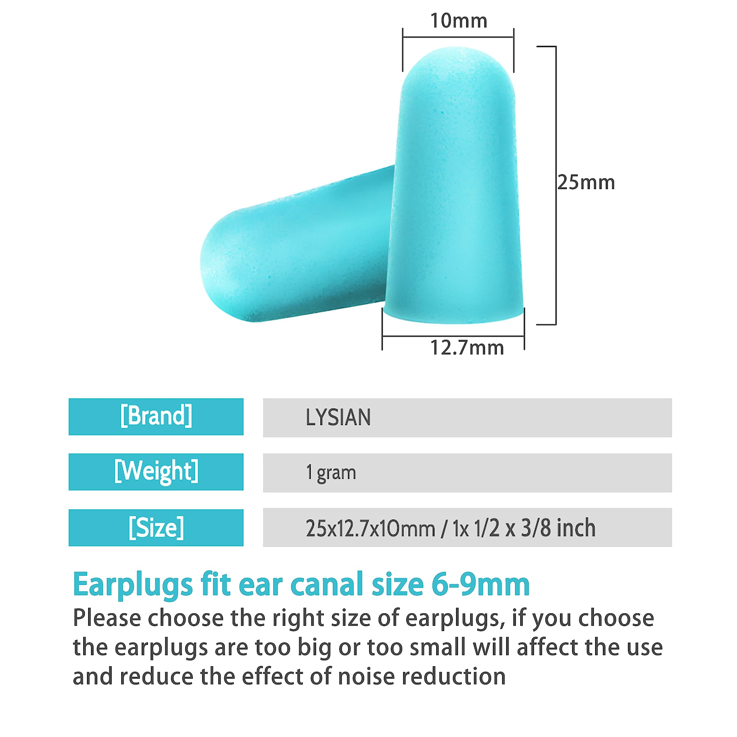 LYSIAN comfort-fit earplugs shown when inserted for seal.