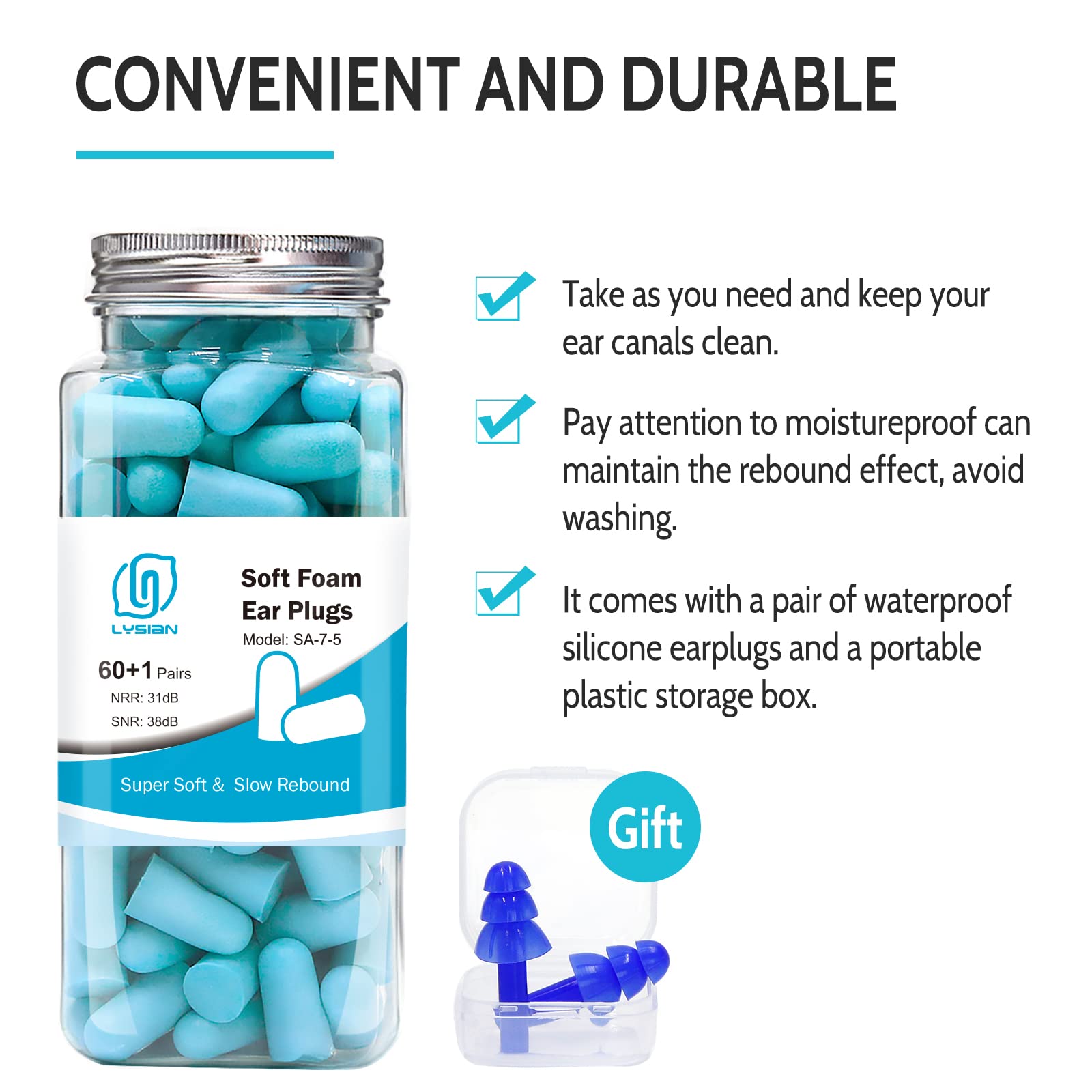 LYSIAN travel-friendly earplugs with compact case for on-the-go.