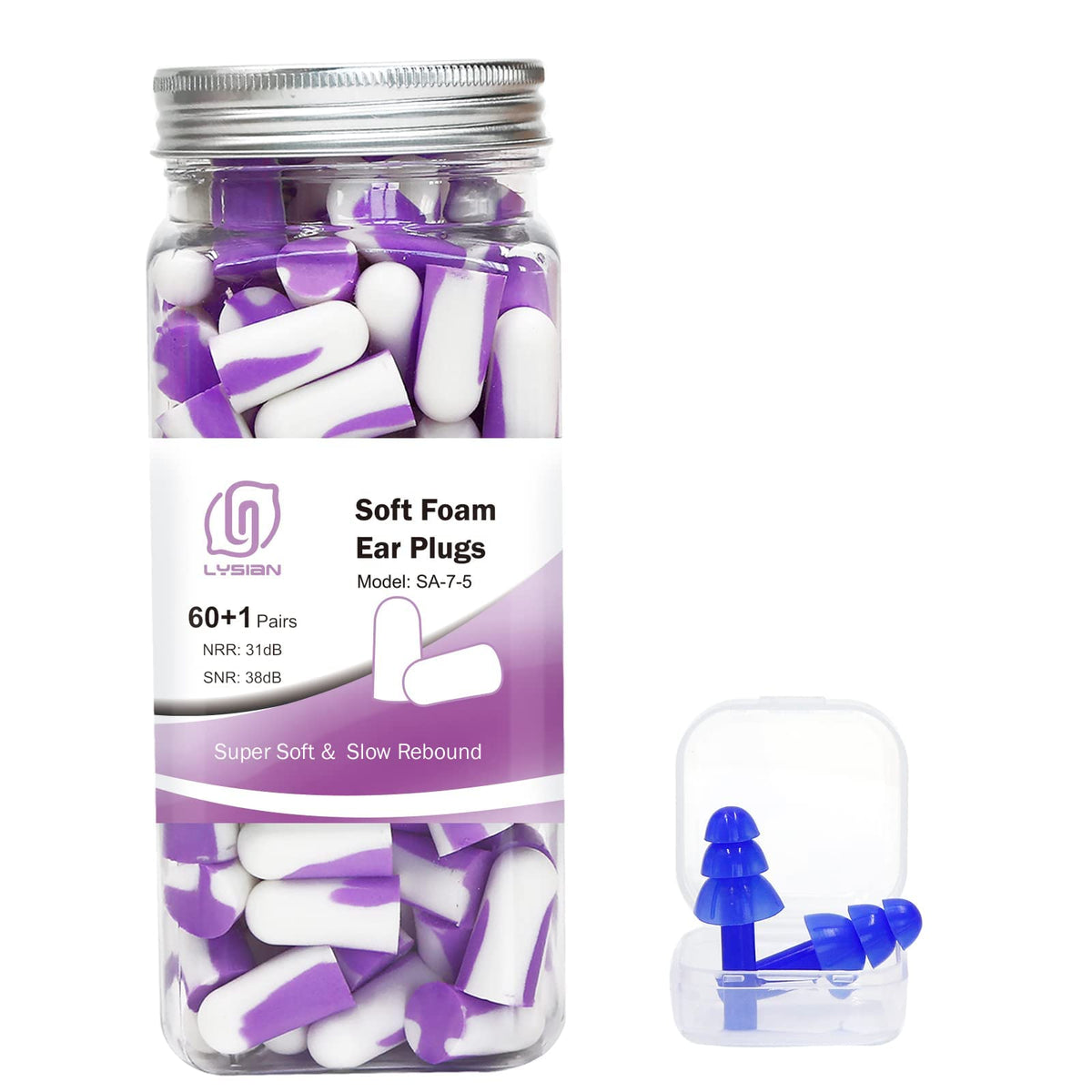 LYSIAN Ultra Soft Foam Ear Plugs in purple and white for comfortable sleep.