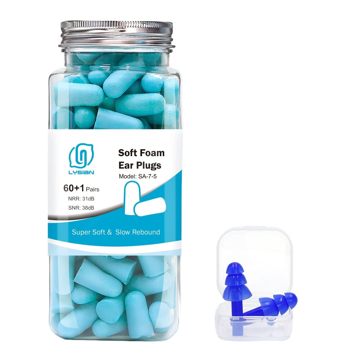 LYSIAN Ultra Soft earplugs in lake blue packaging for sleep and study with strong noise reduction.
