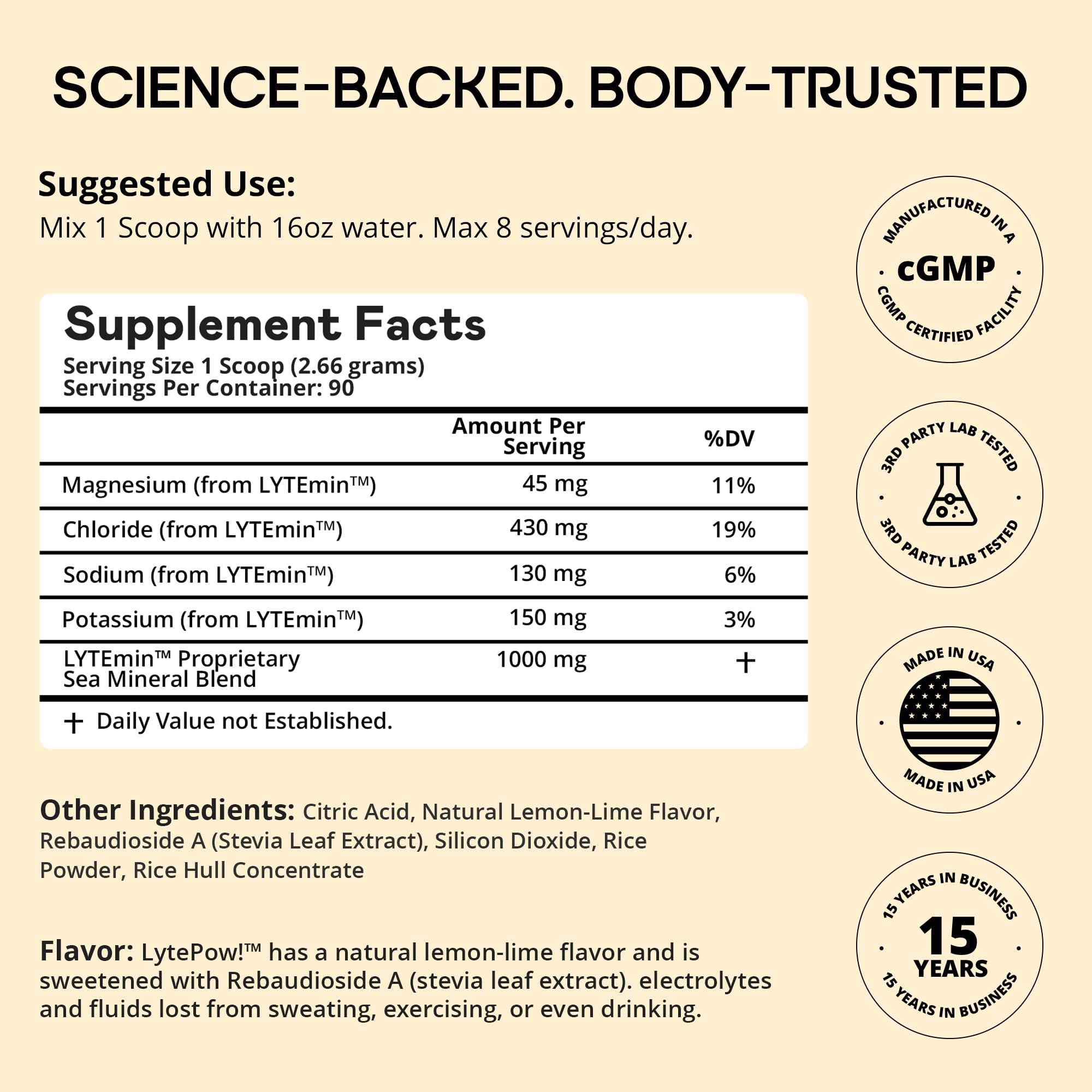 LyteLine Electrolytes Powder label close-up emphasizes sea mineral blend.