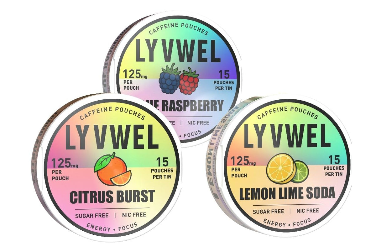 LyvWel 125mg energy pouch sampler flatlay for on-the-go focus