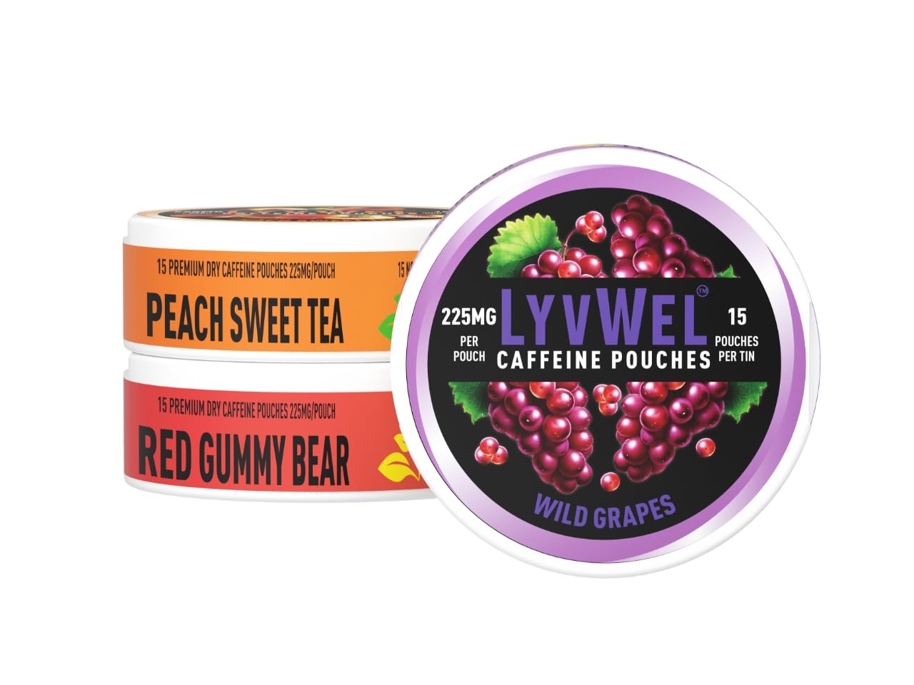LyvWel 225mg caffeine energy pouch packaging for on-the-go use
