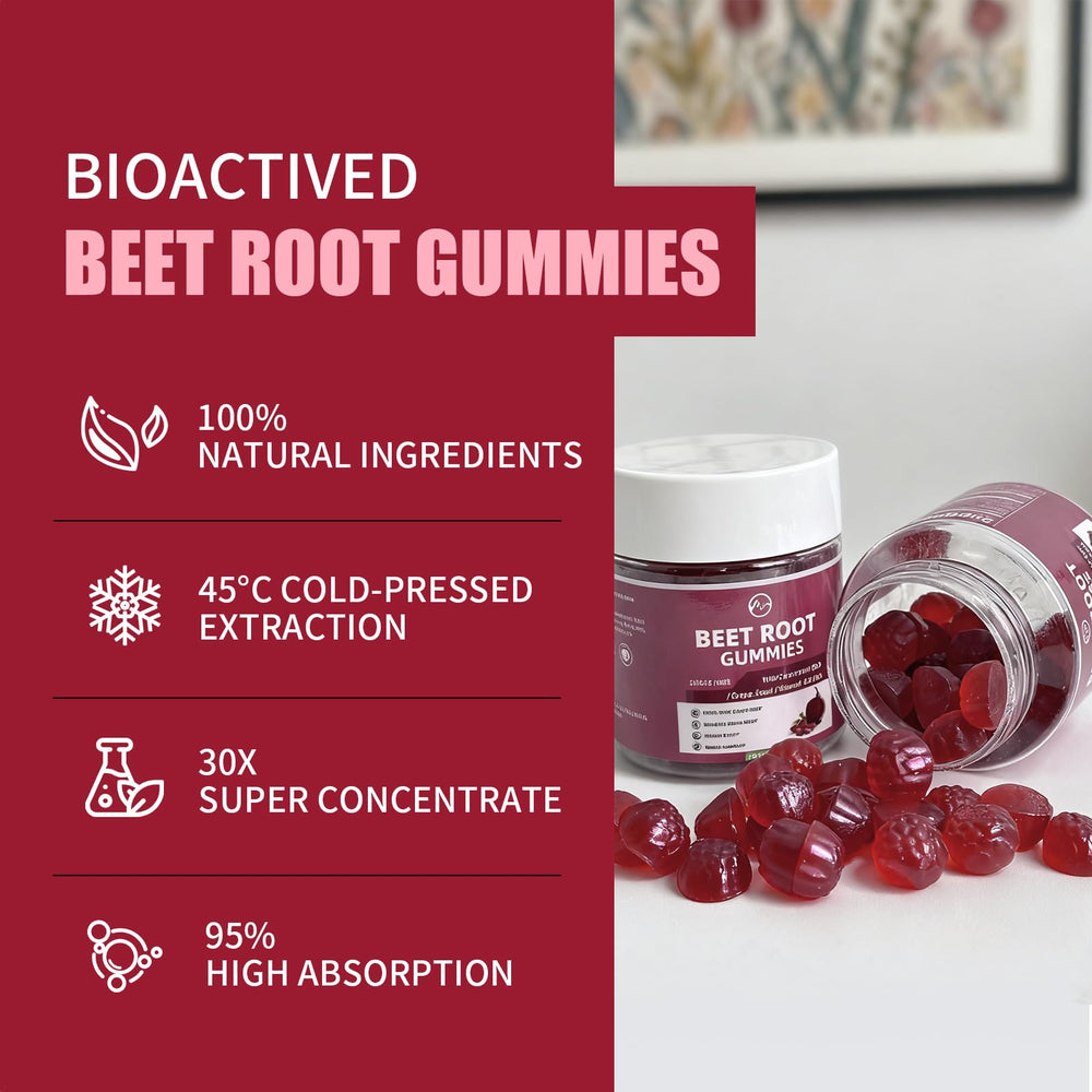 M inch Beet Root Gummies bottle on counter ready for a tasty energy boost