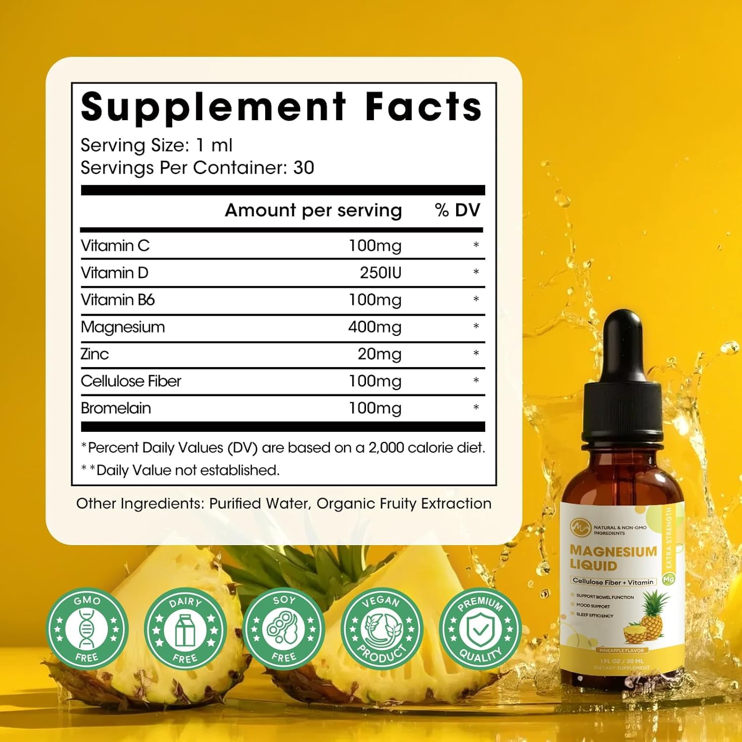 M inch magnesium liquid bottle back label lists nutrients supporting immune and bone health.