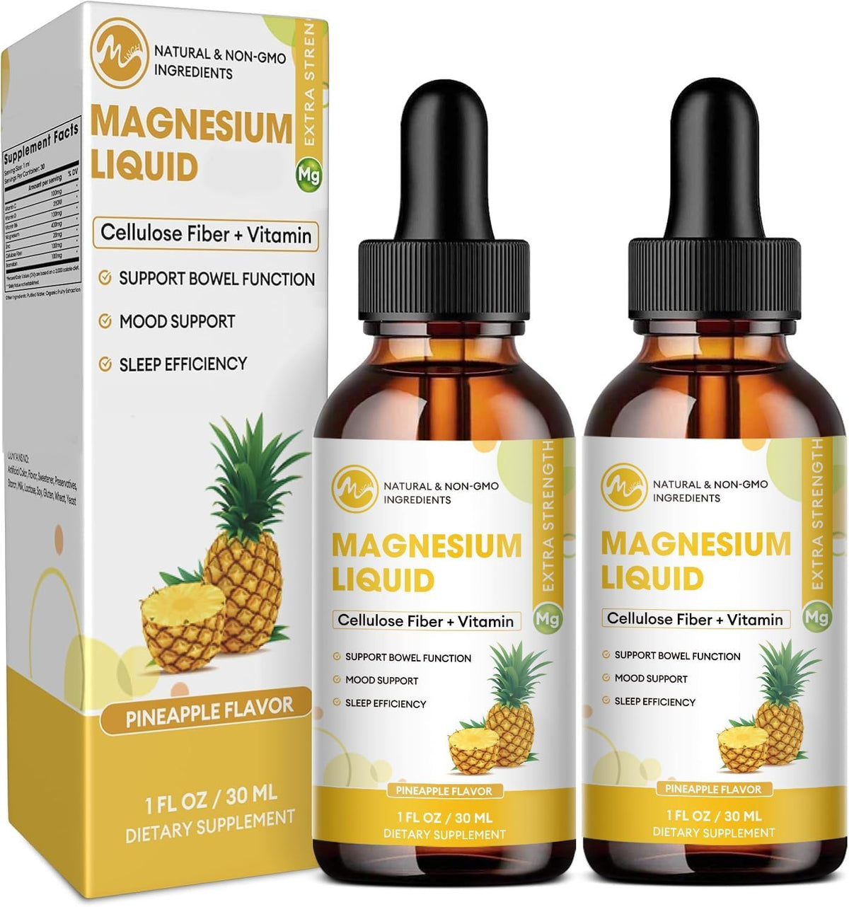 M inch magnesium liquid bottle front view with pineapple flavor for daily wellness.