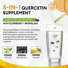 M inch Quercetin Liquid Drops bottle contents, 2 oz size for versatile use.