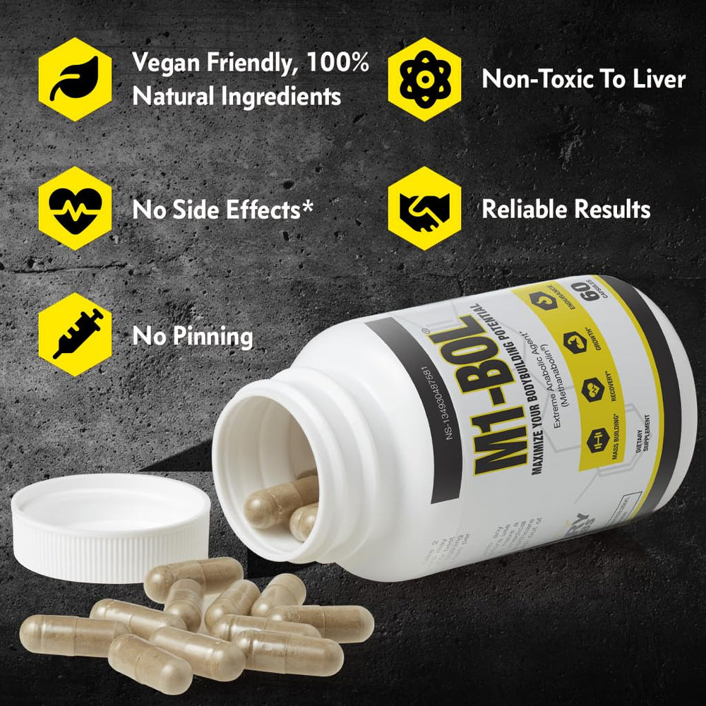M1-BOL Avry Labs bottle with dosage scoop illustrating dosing for workouts.