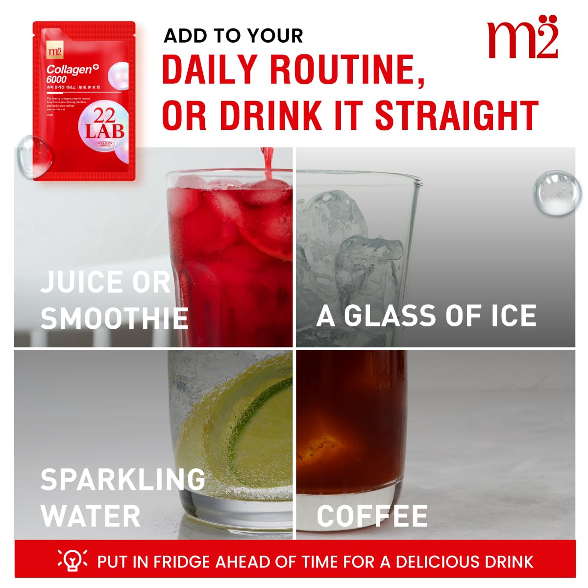 m2 daily routine collagen drink shown as part of a healthy beauty regimen
