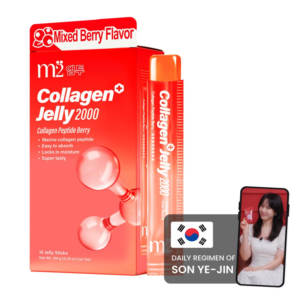 The m2 Super Collagen liquid bottle pour shows an easy daily skin hydration routine.