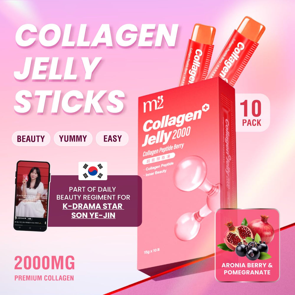 The m2 Super Collagen pouch packaging emphasizes portability for on-the-go use.
