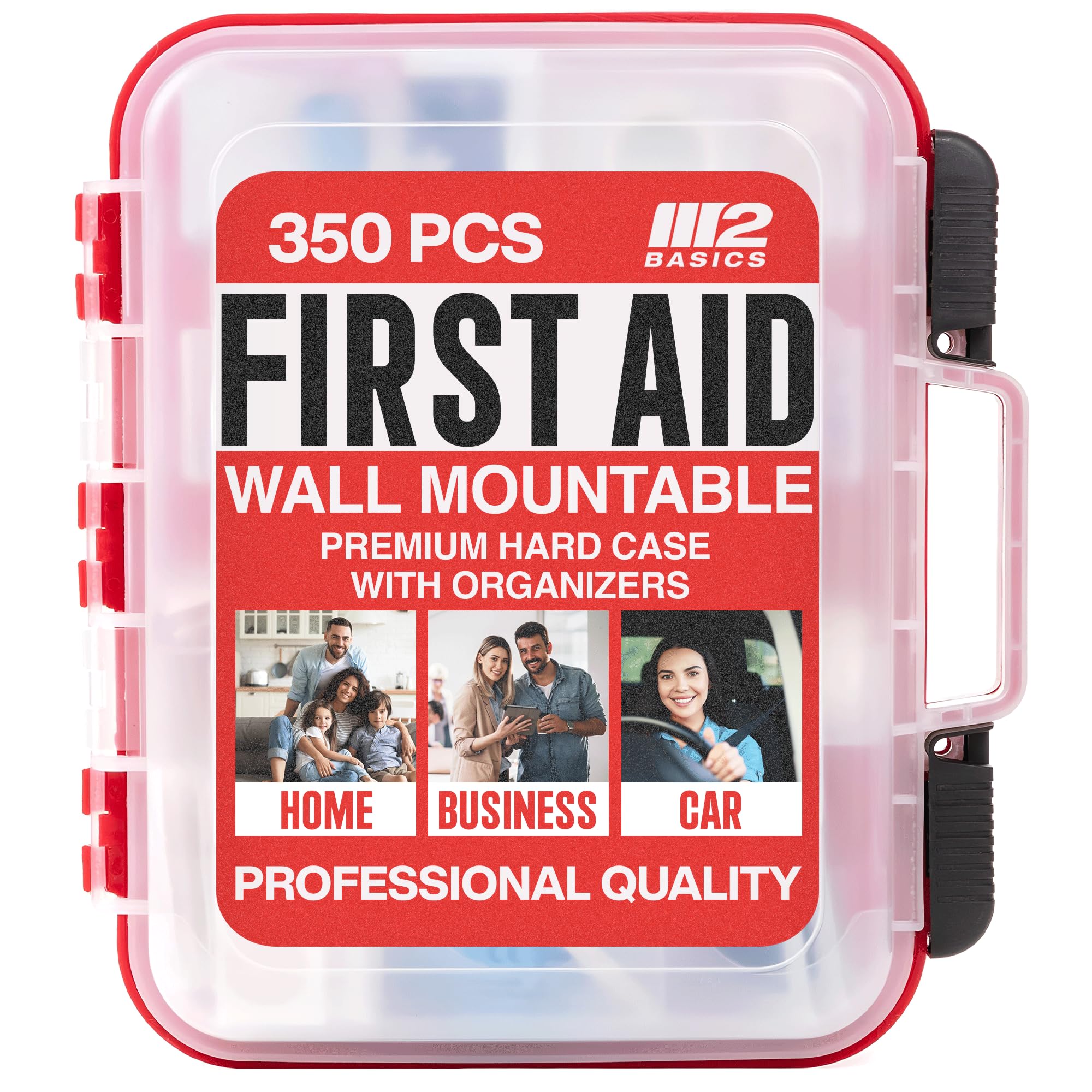 M2 BASICS emergency first aid kit dual-layer case open for quick access.