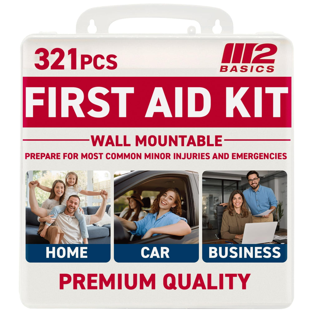 M2 BASICS Premium 321-Piece First Aid Kit in a rugged hard case for portability.
