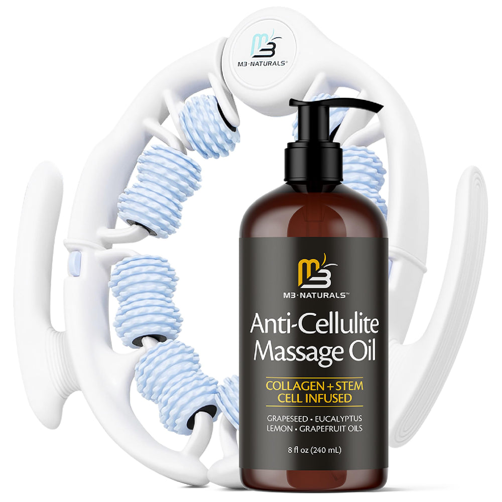 M3 Naturals anti cellulite oil bottle showing hydrating formula for smoother skin
