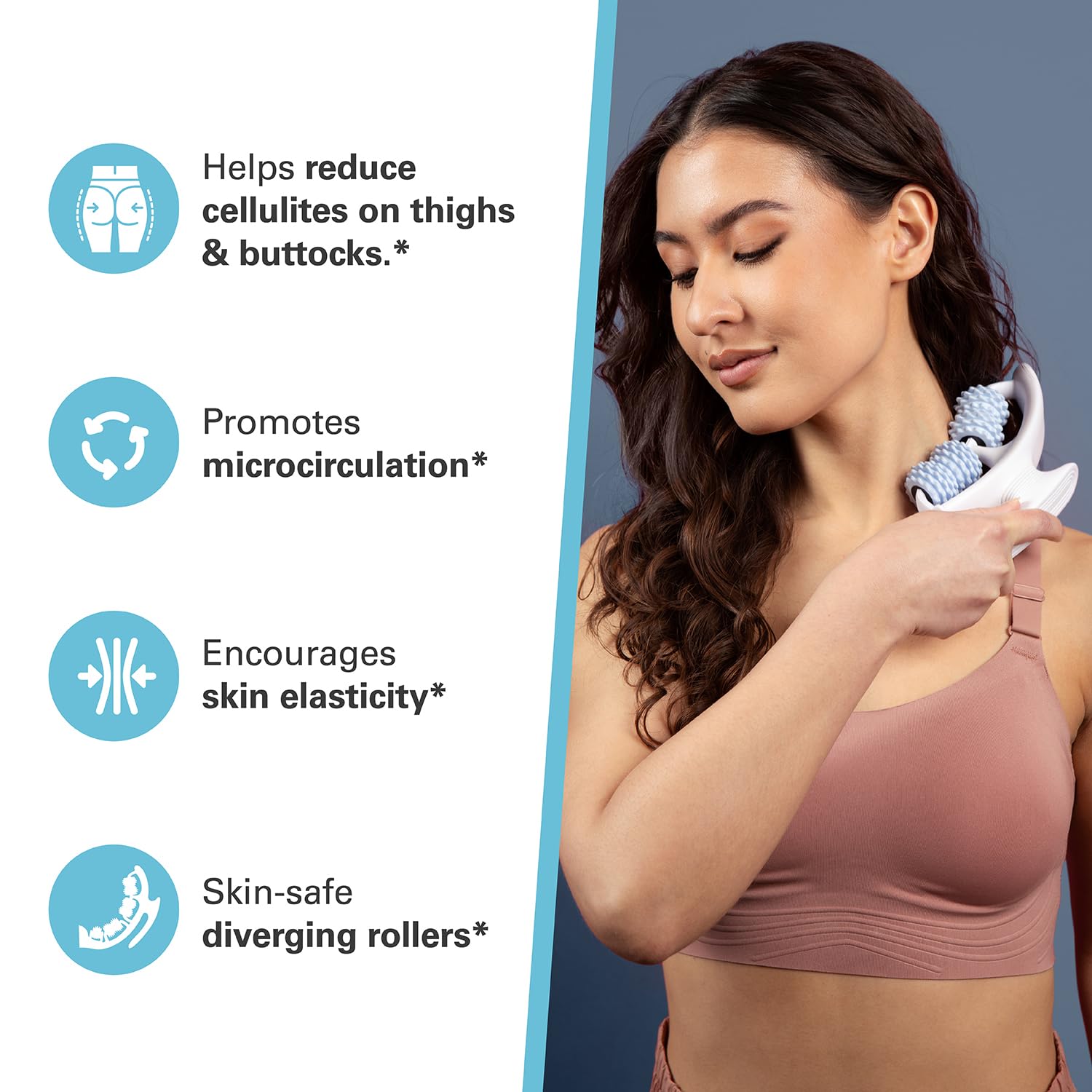 M3 Naturals anti cellulite roller in use on arm to soothe tension